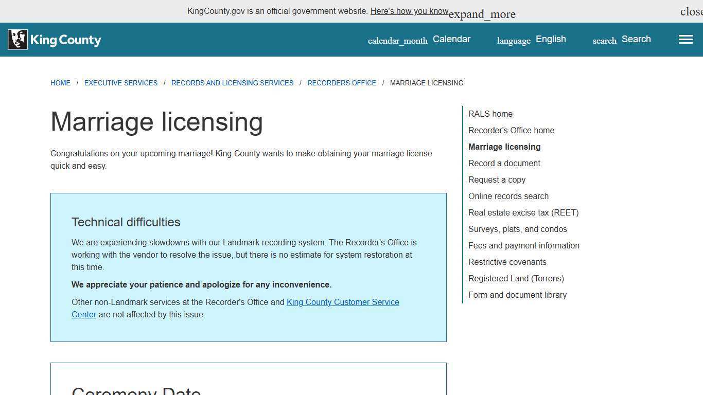 Marriage licensing - King County, Washington